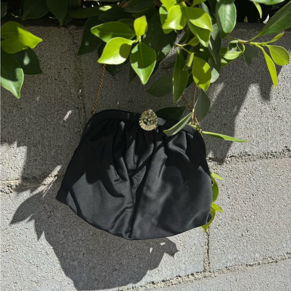 Vintage Black Evening Clutch with Gold Chain and Decorative Clasp - Picture 5 of 6